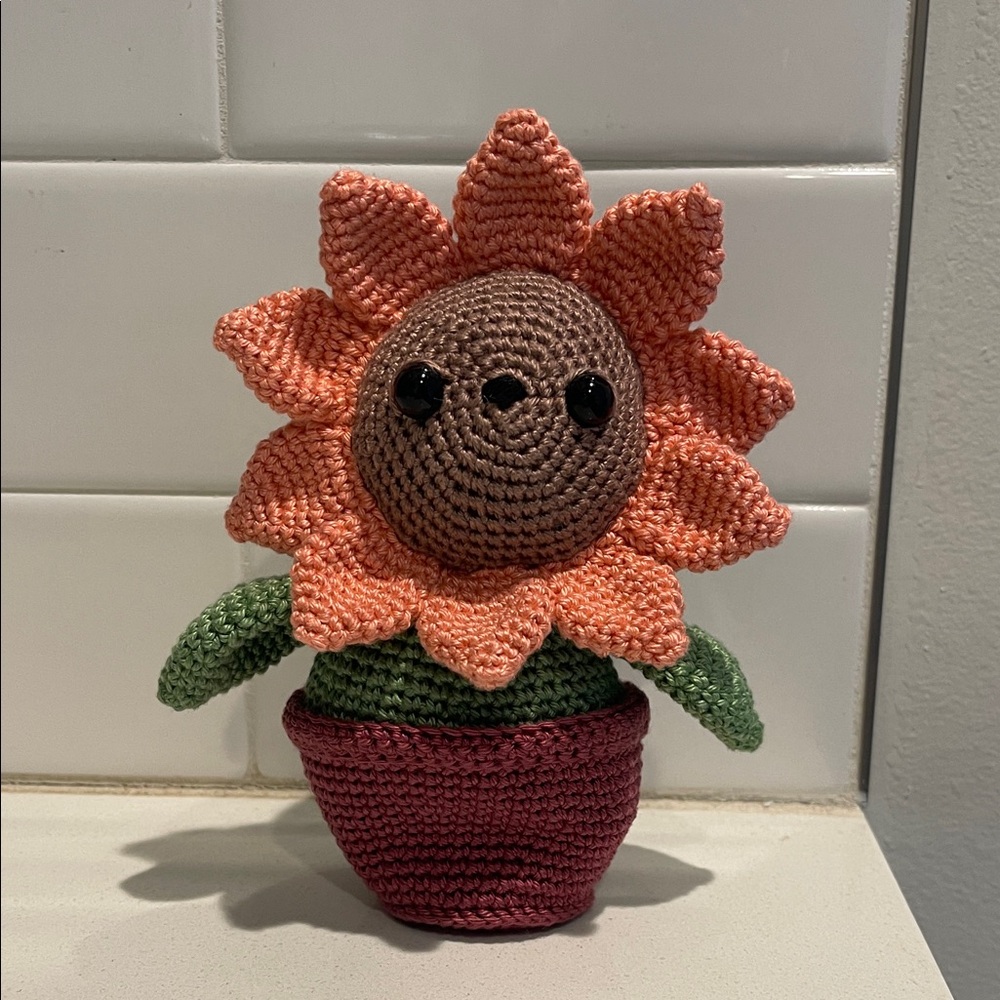 Flower Child Sunflower Bear Hand Crafted Figure and Pot Amigurumi Crochet Decor - Picture 3 of 13